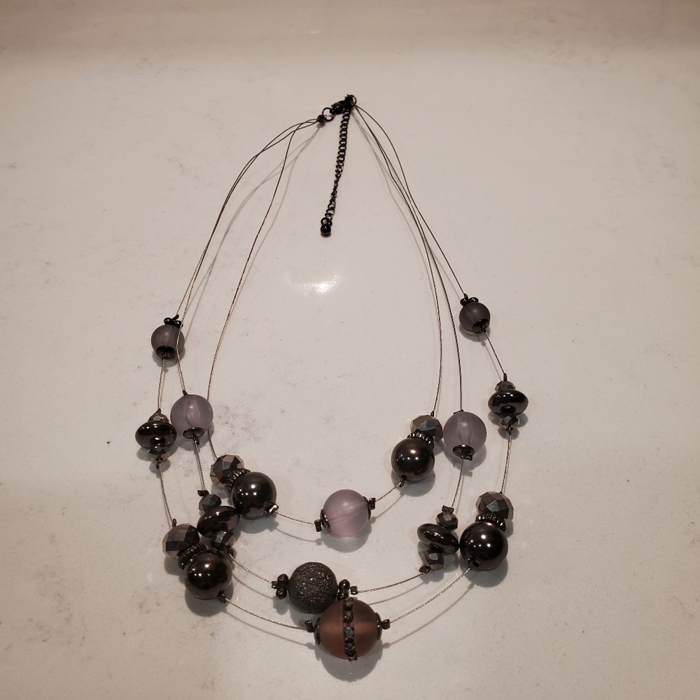 Purple Black Illusion Necklace Layered Tiered Beaded Rhinestones Preppy Party